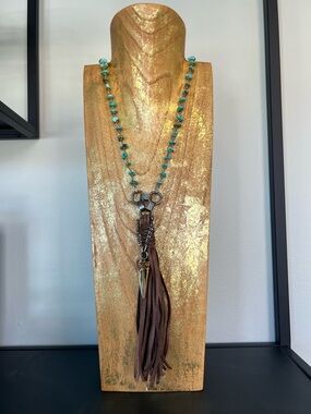 Turquoise and leather Beaded Tassel Necklace